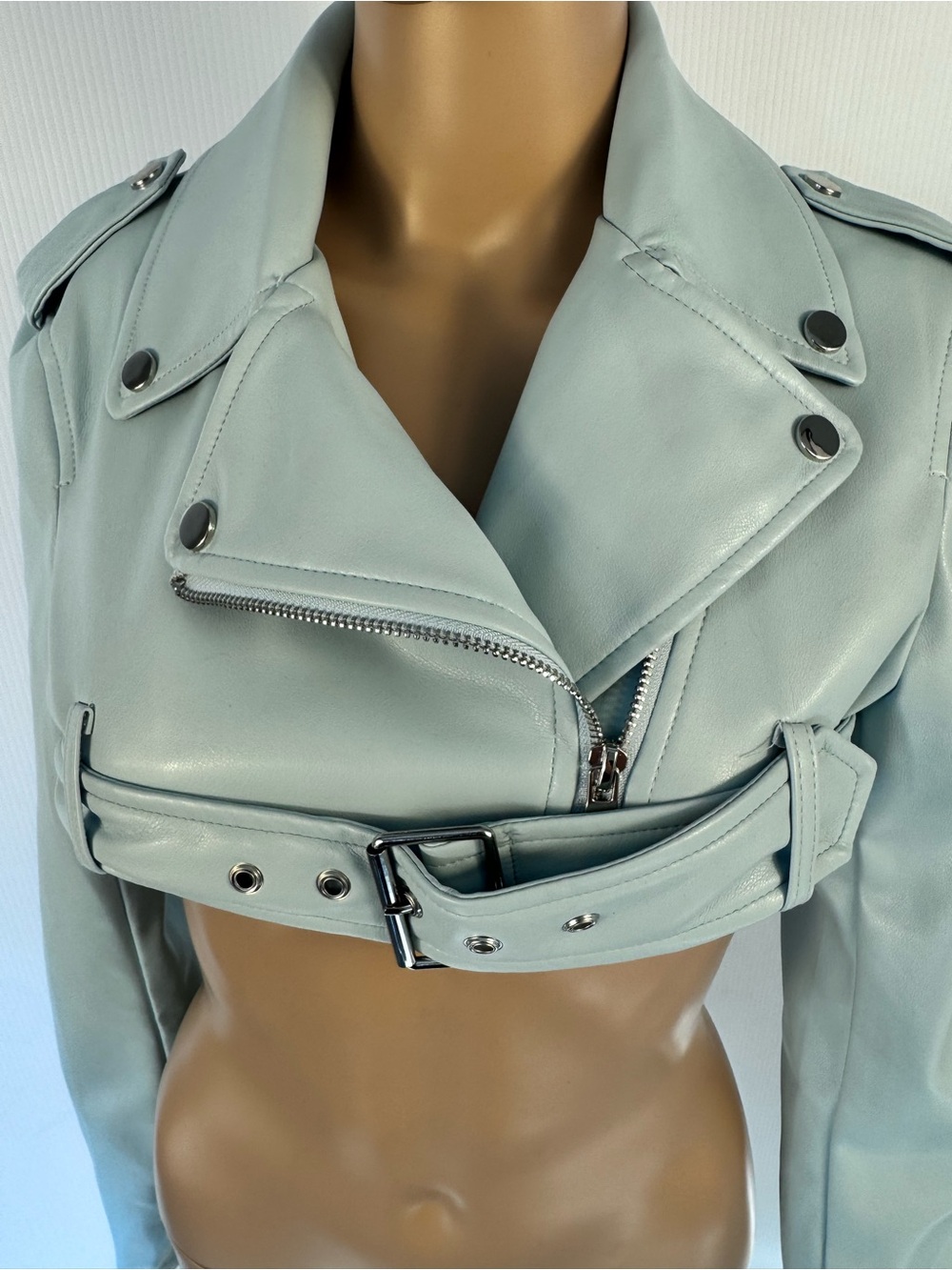 Baby Blue Cropped Moto Jacket Belted Faux Leather Biker Jacket S-XL - Picture 3 of 4